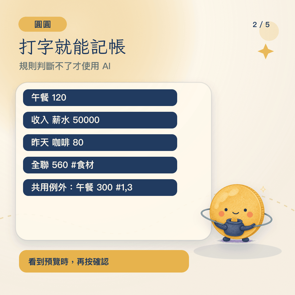 圓圓示範文字記帳格式與確認方式